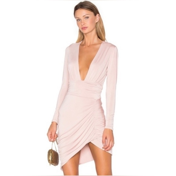 NBD x revolve mini dress fitted deep neck ruched long sleeve small soft nwt new - Picture 2 of 7
